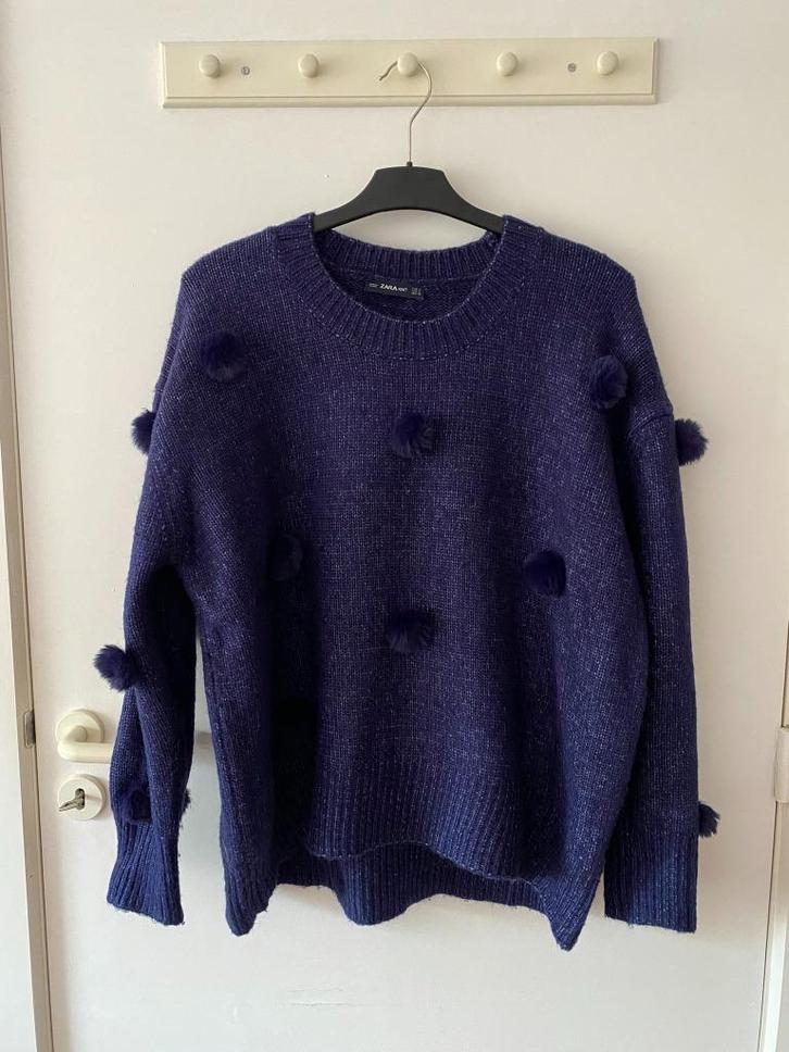 Zara - blauwe trui met pompoms - maat S, Kleding | Dames, Truien en Vesten, Nieuw, Maat 36 (S), Blauw, Verzenden