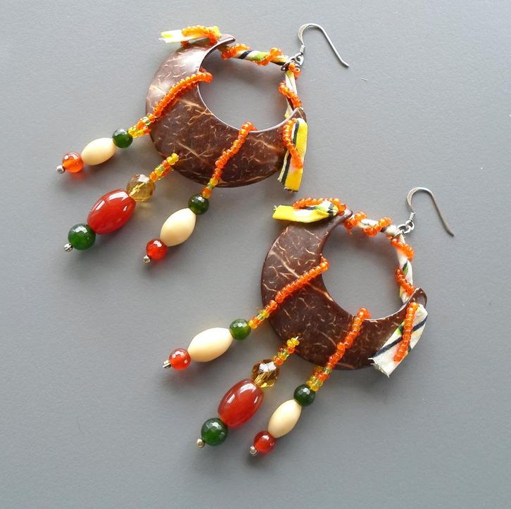 Oorbellen van carneool, jade en zilver met koko en was, Handtassen en Accessoires, Oorbellen, Nieuw, Hangers, Zilver, Oranje, Met edelsteen