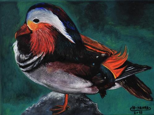 Schilderij met mandarijneend, teken Joky Kamo, Antiek en Kunst, Kunst | Schilderijen | Modern, Ophalen