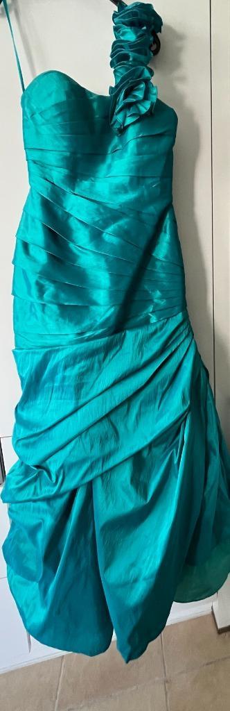 Lange ceremoniejurk maat S, Kleding | Dames, Gelegenheidskleding, Zo goed als nieuw, Cocktailjurk, Maat 36 (S), Groen, Ophalen of Verzenden