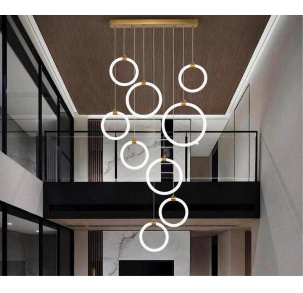 Lampe suspendue d'escalier LED de variable, lustre 9 anneaux, Maison & Meubles, Lampes | Lustres, Neuf, Synthétique, Métal, Autres matériaux