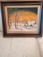 Prachtig schilderij winterlandschap met ondergaande zon, Antiek en Kunst, Ophalen