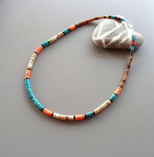 Indiaanse ketting man of vrouw in turkoois jaspis, zilver, Handtassen en Accessoires, Kettingen, Nieuw, Zilver, Oranje, Met edelsteen