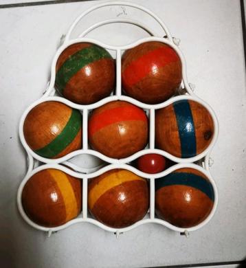 Pétanque houten ballen met buts balletje in handig draagnet beschikbaar voor biedingen