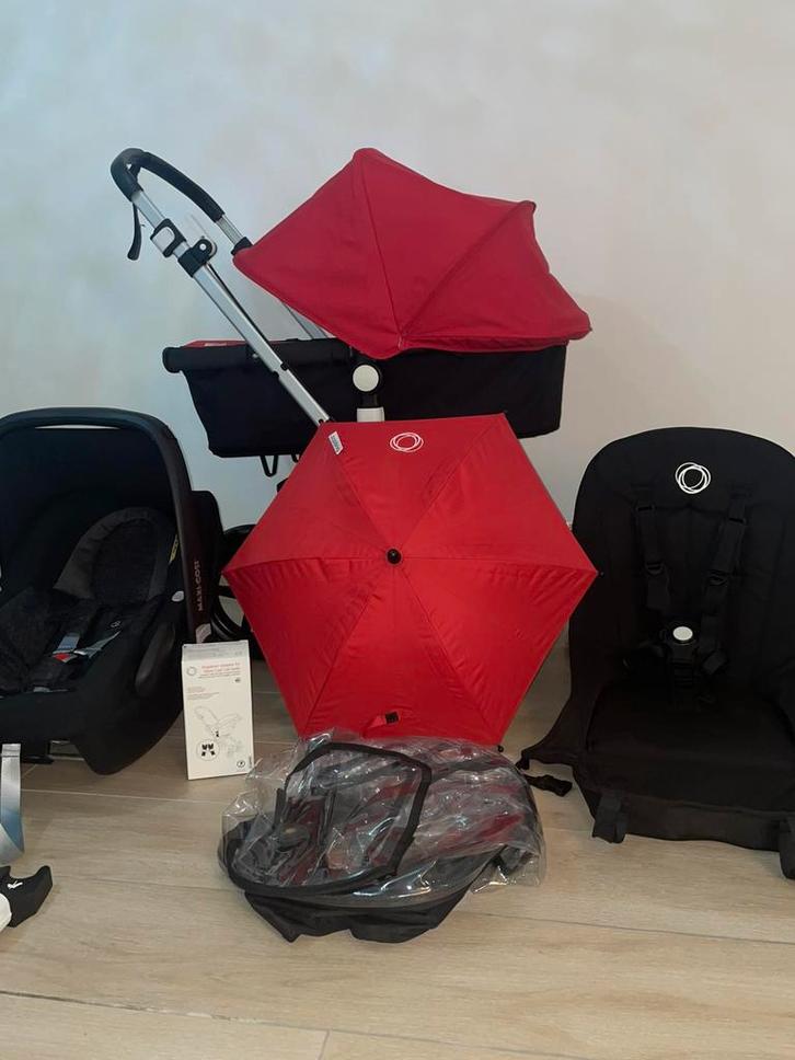 Bugaboo Cameileon 3+Black / Rood  3-in-1 kinderwagen Set, Kinderen en Baby's, Buggy's, Zo goed als nieuw, Maxi-Cosi, Regenhoes
