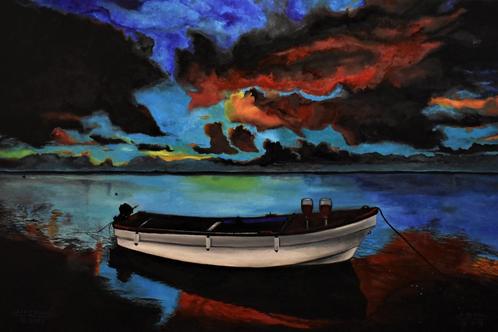Landscape Kayak Painting, signed Joky Kamo, Antiquités & Art, Art | Peinture | Moderne, Enlèvement