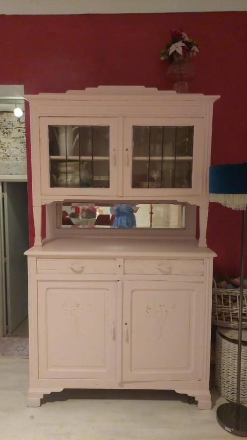 Houten roze vintage vitrine kast met, Huis en Inrichting, Kasten | Vitrinekasten, Gebruikt, 200 cm of meer, 25 tot 50 cm, Met lade(s)