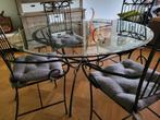 tres belle table ronde en verre pièt fer forgé et 4 chaises, Ophalen, 100 tot 150 cm, Rond, Zo goed als nieuw