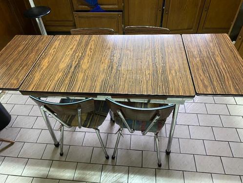Keukentafel formica bruin chroom verlengbaar en 4 stoelen, Huis en Inrichting, Tafels | Eettafels, Gebruikt, 50 tot 100 cm, 100 tot 150 cm