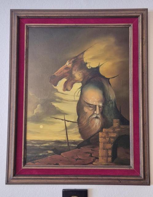 Tableau surréaliste signé – Vieil homme & tête de chev, Antiek en Kunst, Kunst | Schilderijen | Klassiek, Ophalen