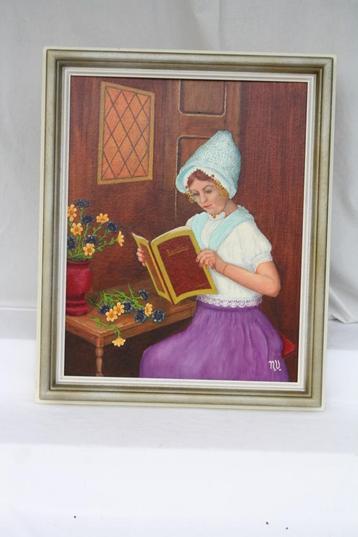 Schilderij " Lezend Meisje"  Olieverf doek op plaat Gesign. beschikbaar voor biedingen