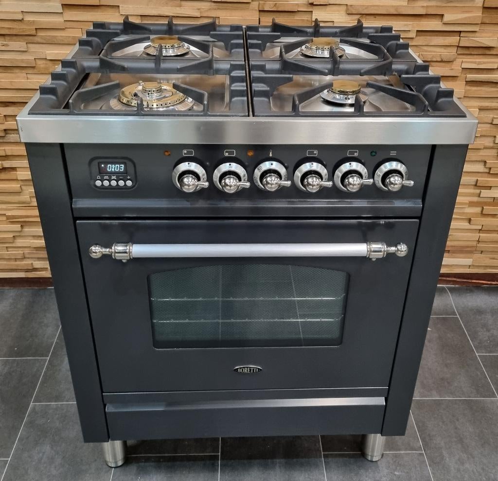 🔥Luxe Boretti Fornuis 70cm antraciet + rvs 4 pits 1 oven, Electroménager, Cuisinières, Comme neuf, Autoportant, 5 zones de cuisson ou plus