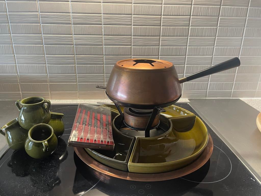 Koperen fondue-set voor 4 personen met toebehoren, Electroménager, Fondue, Enlèvement, Utilisé, Brûleur, Service à fondue