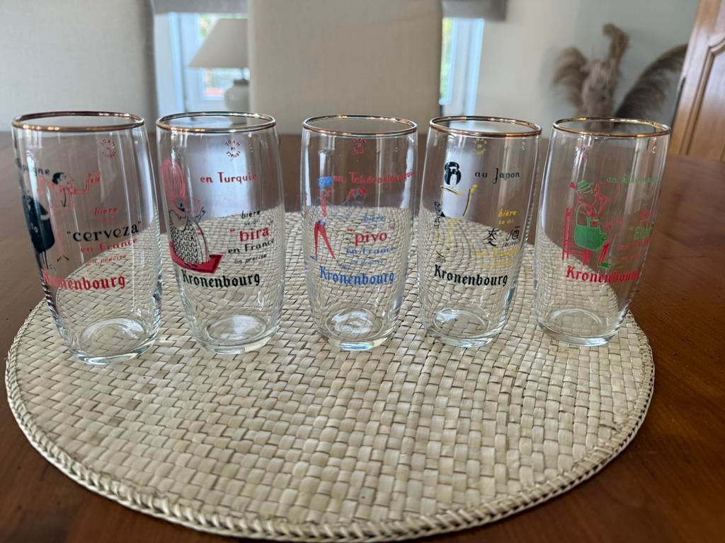 Set van 5 vintage Kronenbourg glazen, Verzamelen, Ophalen of Verzenden, Zo goed als nieuw