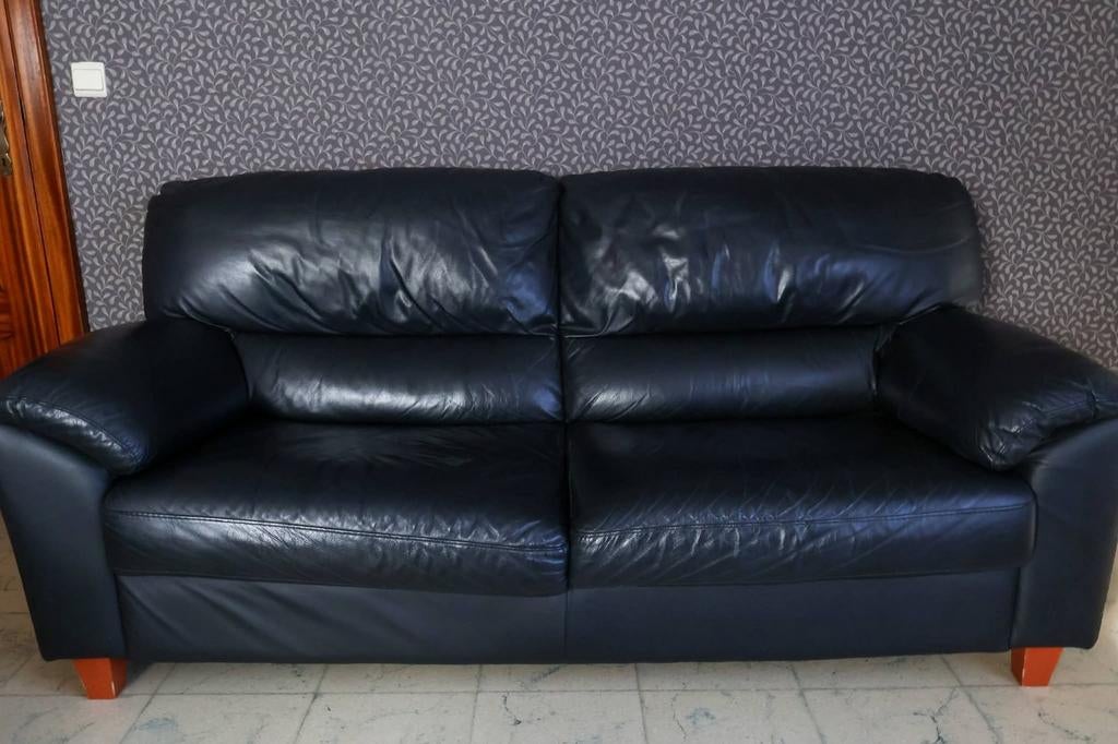 2 stijlvolle zwarte lederen zetels (3-zit), Huis en Inrichting, Zetels | Zetels, Ophalen