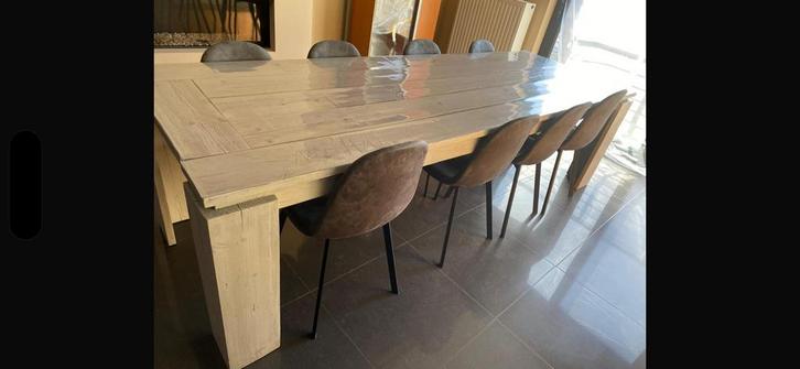 Grote steigerhouten tafel met 8 stoelen, Huis en Inrichting, Tafels | Eettafels, Zo goed als nieuw, 50 tot 100 cm, 200 cm of meer