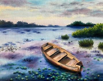 "A Lonely Boat" (Oil painting by Kuijken, 24x30 cm) beschikbaar voor biedingen