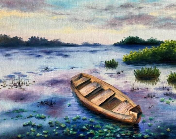 "A Lonely Boat" (Oil painting by Kuijken, 24x30 cm), Antiek en Kunst, Kunst | Schilderijen | Modern, Ophalen of Verzenden