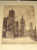 Gent oorlog WWII stadszicht 3 torens klokkentorens oude ets, Antiek en Kunst, Kunst | Etsen en Gravures, Ophalen of Verzenden