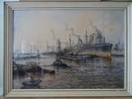 Antiek schilderij Wim Bos aquarel Havengezicht Rotterdam, Antiek en Kunst, Kunst | Schilderijen | Klassiek, Ophalen of Verzenden