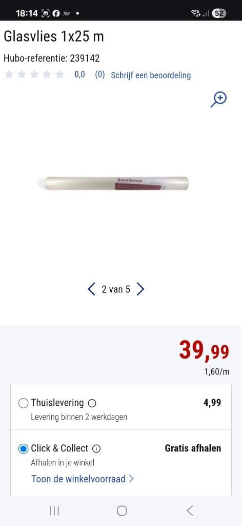 voorgeschilderd glasvlies + vliesbehanglijm (Hubo), Huis en Inrichting, Stoffering | Behang, 10 tot 25 m², Ophalen of Verzenden