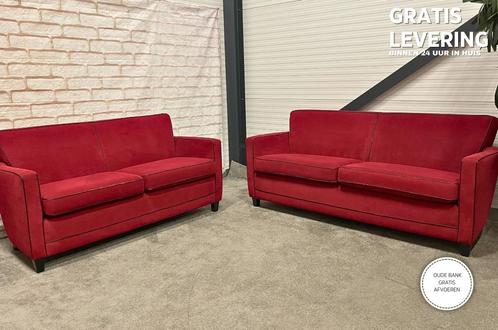 GRATIS LEVERING Vintage Rood Stoffen Bankstel 3 + 2,5 Zits, Maison & Meubles, Canapés | Salons, Comme neuf, Banc droit, Trois personnes