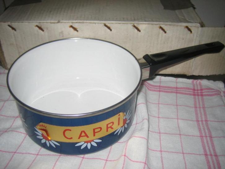 Zware  geémailleerde steelpan, blauw met madelief,vintage, Antiek en Kunst, Antiek | Email, Ophalen