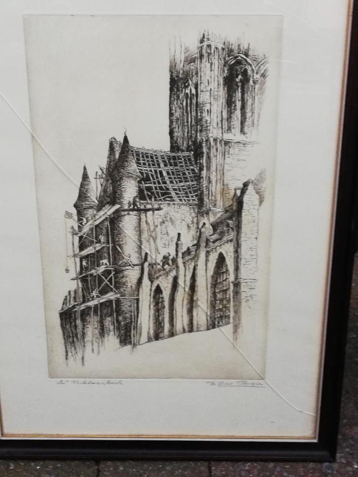 G. Langie: ets: 'De St. Niklaaskerk', Gentse kunstenaar, Antiek en Kunst, Kunst | Etsen en Gravures, Ophalen of Verzenden