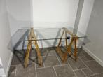 Table, plaque de verre sur tréteaux en bois, bureau en verre, Comme neuf, 50 à 100 cm, 100 à 150 cm, Pin