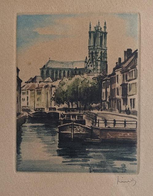 LINCK - Ets Zicht op Gent met Sint-Baafstoren, Antiek en Kunst, Kunst | Etsen en Gravures, Ophalen of Verzenden