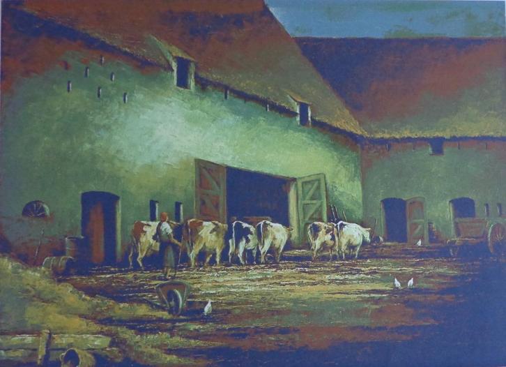 PROSPER COLPAERT / KOEIEN BOERDERIJ / KLEURLITHO / 57x76cm, Antiek en Kunst, Kunst | Litho's en Zeefdrukken, Ophalen of Verzenden