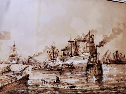 Willem Bos - grote aquarel  - kader - havenzicht, Antiek en Kunst, Kunst | Schilderijen | Klassiek, Ophalen of Verzenden