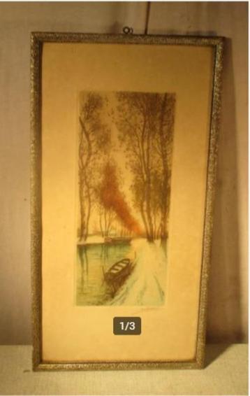 Belle gravure ancienne « Rivière en hiver » - signée, Enlèvement ou Envoi