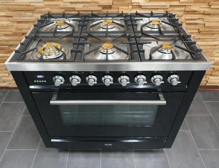 🔥Luxe Boretti Fornuis 90cm hoogglans zwart 300° oven 6 pits, Elektronische apparatuur, Fornuizen, Zo goed als nieuw, Vrijstaand