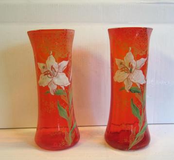 2 antieke Legras vazen, emaille bloemen, ca 1910 H 28 cm beschikbaar voor biedingen