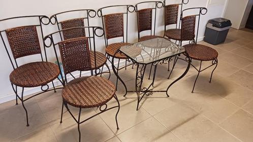 Tuin- terrasset - 7 smeedwerken zetels, 1 smeedwerken tafel, Tuin en Terras, Tuinstoelen, Zo goed als nieuw, Metaal, Stapelbaar