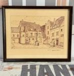 1955 tekening gesigneerd Cauwenberg HS.H op het dorpsplein, Antiek en Kunst, Ophalen of Verzenden