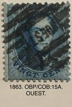 1863. OBP/COB: 15A. Afstempeling: OUEST., Postzegels en Munten, Postzegels | Europa | België, Met stempel, Gestempeld, Overig