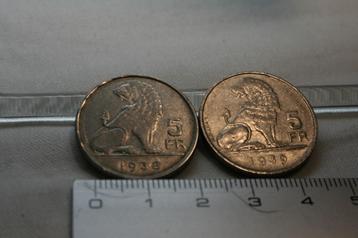 2 muntstukken van 5 frank uit 1938 en 1939 beschikbaar voor biedingen