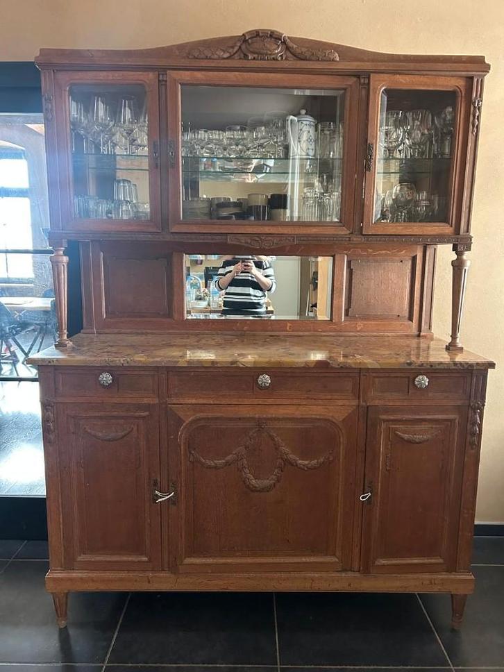 Antieke buffetkast met marmeren blad en spiegel, Antiek en Kunst, Antiek | Meubels | Kasten, Ophalen