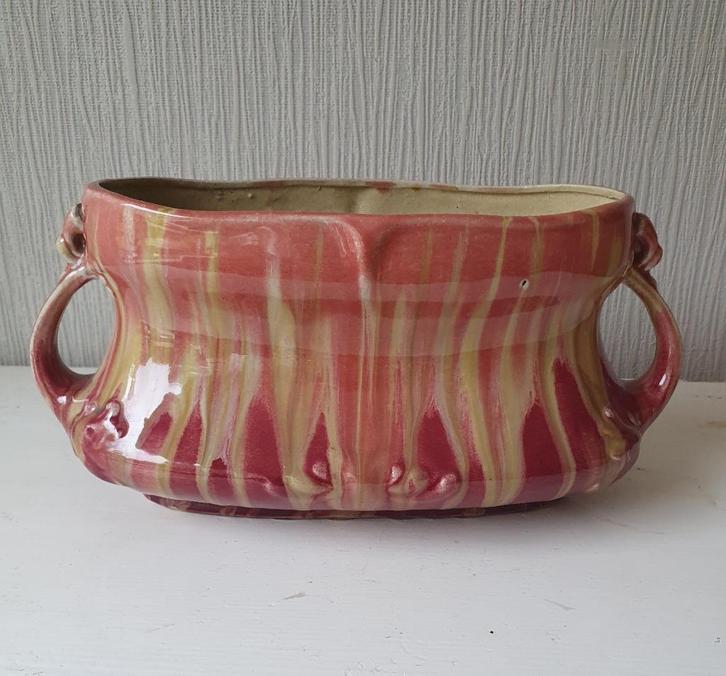Art nouveau/Art deco jardinière met rood-geel druipglazuur, Antiek en Kunst, Antiek | Keramiek en Aardewerk, Ophalen of Verzenden