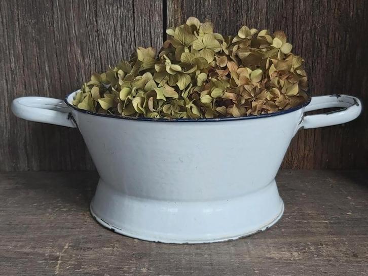 Groot stevig oud wit email vergiet met blauw randje, Antiek en Kunst, Antiek | Email, Ophalen of Verzenden