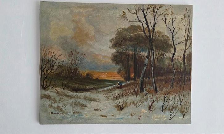 Huile sur toile signée – paysage hivernal avec pers, Antiek en Kunst, Kunst | Schilderijen | Klassiek, Ophalen