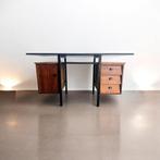 Vintage houten bureau met zwevend blad en zwart frame, Ophalen of Verzenden