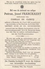 Oudstrijder Engels Oorlogskruis 1914-18 Petrus Franckaert, Collections, Images pieuses & Faire-part, Enlèvement ou Envoi