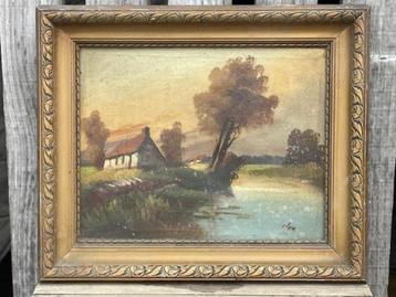 Schilderijtje olie op doek hoeve aan het water beschikbaar voor biedingen