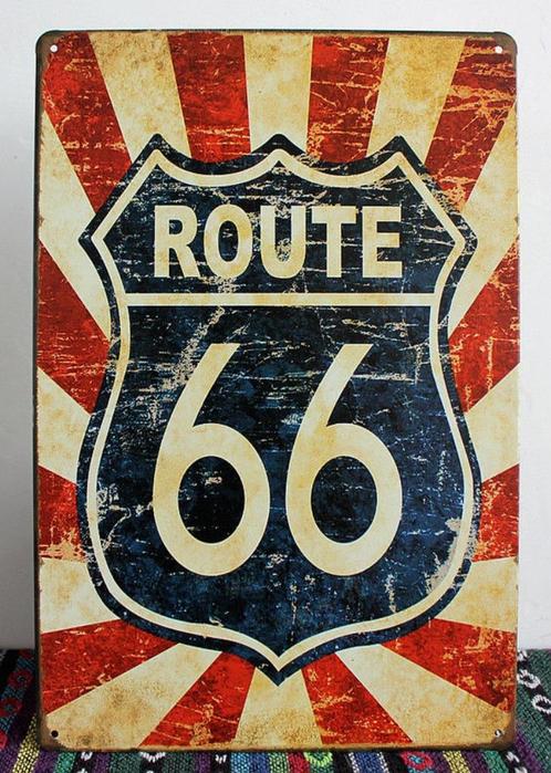 USA Metalen wandplaat 'ROUTE 66' retro style design 30x20cm, Collections, Marques & Objets publicitaires, Comme neuf, Panneau publicitaire