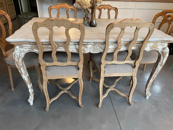 Gepatineerde houten eettafel + 6 stoelen, Huis en Inrichting, Tafels | Eettafels, Gebruikt, 50 tot 100 cm, 150 tot 200 cm, Vijf personen of meer