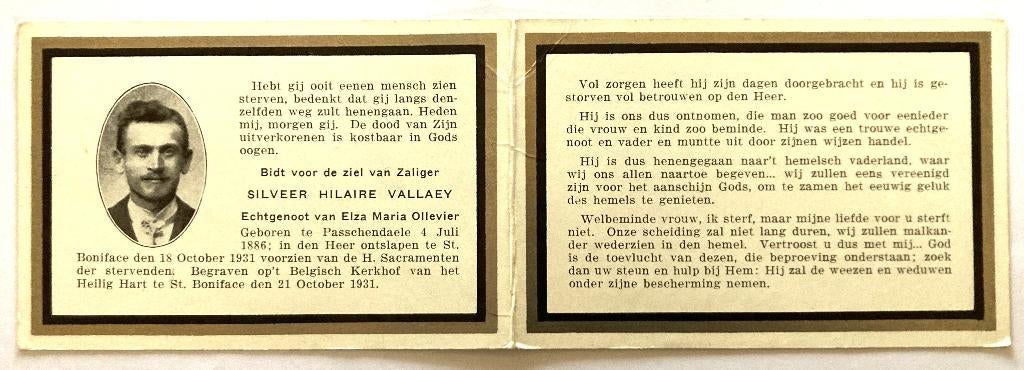 Oud Canadees Bidprentje van Silveer Hilaire Vallaey, Verzamelen, Bidprentjes en Rouwkaarten, Bidprentje, Ophalen of Verzenden