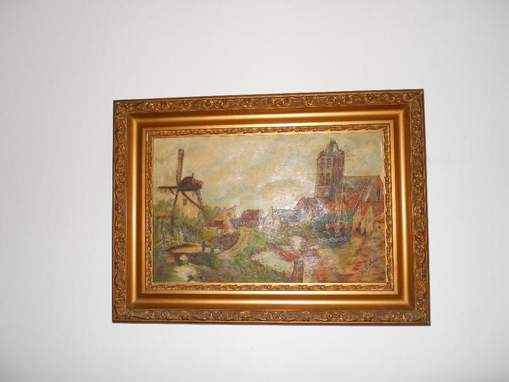 Vlaams schilderij olieverf op doek windmolen, Antiek en Kunst, Kunst | Schilderijen | Klassiek, Ophalen